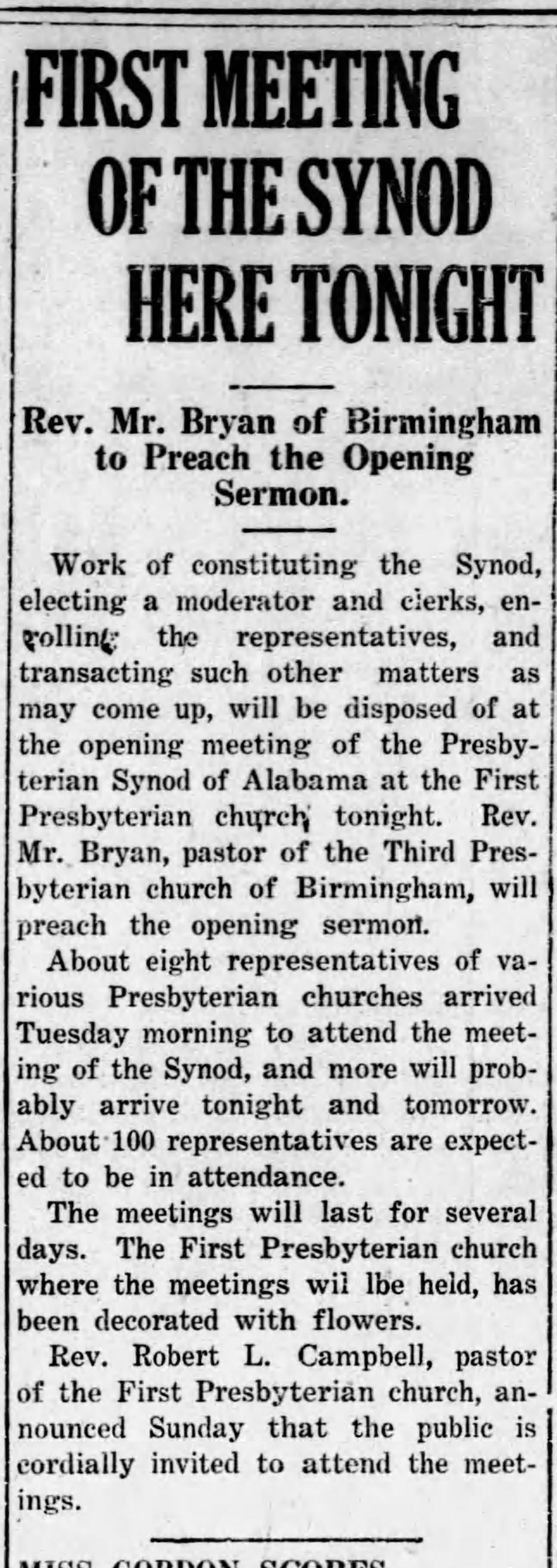 First Meeting of the Synod Here Tonight